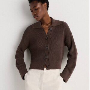 Quince 100% cotton cropped collared fisherman cardigan sweater chocolate brown M